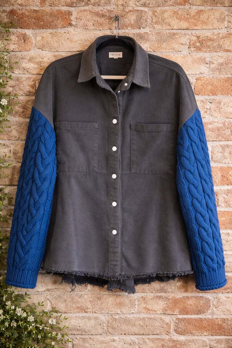 POL Cable Knit Sleeve Raw Hem Denim Shacket SMJ176 - Picture 2 of 5
